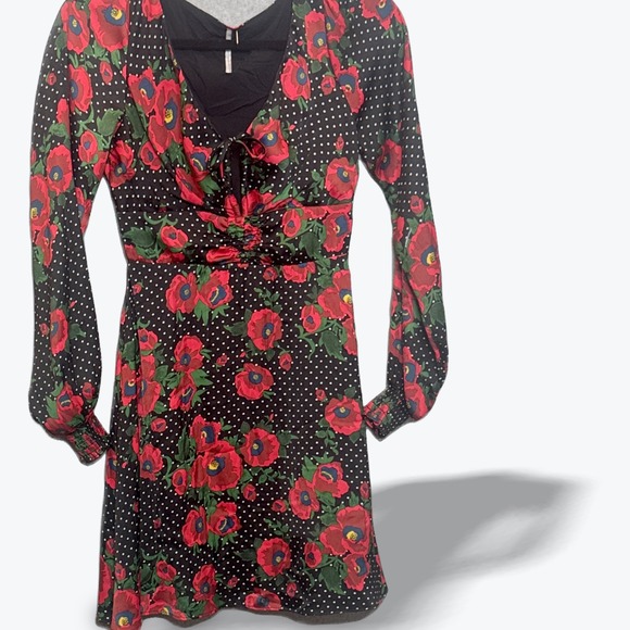 Free People Dresses & Skirts - Free People Long Sleeve Mini Dress Tie Front Black Red Floral Polka Dot Size S